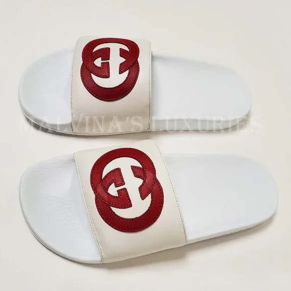 GUCCI SHOES WHITE LEATHER SLIDES INTERLOCKING G LOGO FLIP FLOPS sz IT 39 US 9